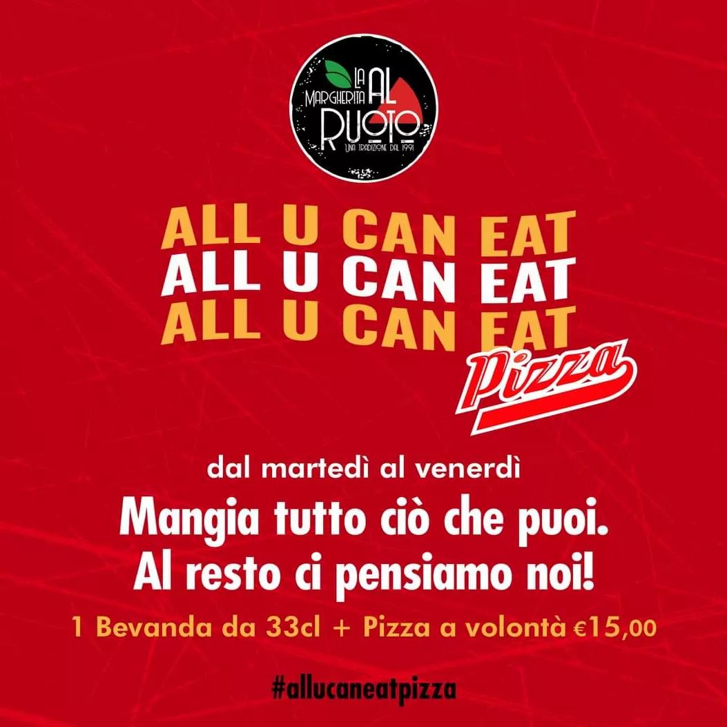 𝗔𝗟𝗟 𝗨 𝗖𝗔𝗡 𝗘𝗔𝗧 𝗣𝗜𝗭𝗭𝗔 🥳
Inizia da oggi la #speciale formula "all you can eat pizza" valida dal martedì al venerdì.
Mangi senza limiti e paghi sempre lo stesso prezzo! 😱
Accetti la sfida?
Ti aspettiamo in pizzeria
Prenota il tuo tavolo
☎ 0815296306 
📱 331452 9770

#lamargheritalruoto 
📌 Siamo in Via Santa Maria la Scala, 66

#sangiuseppevesuviano #FoodDelivery #pizzanelruoto